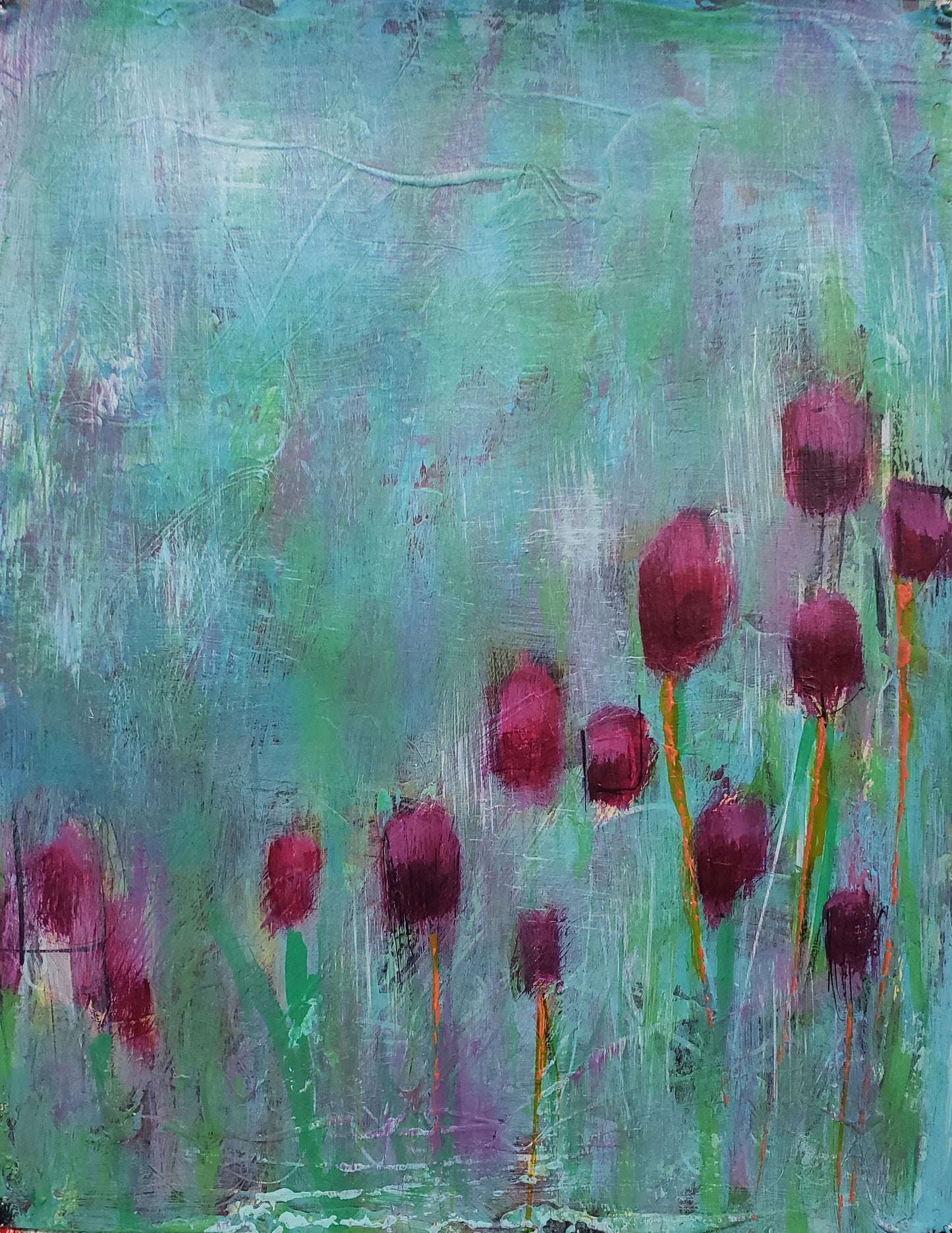 Painting of 14 magenta tulips with lots of background texture on 100 lb. Bristol paper, sealed with varnish for protection.