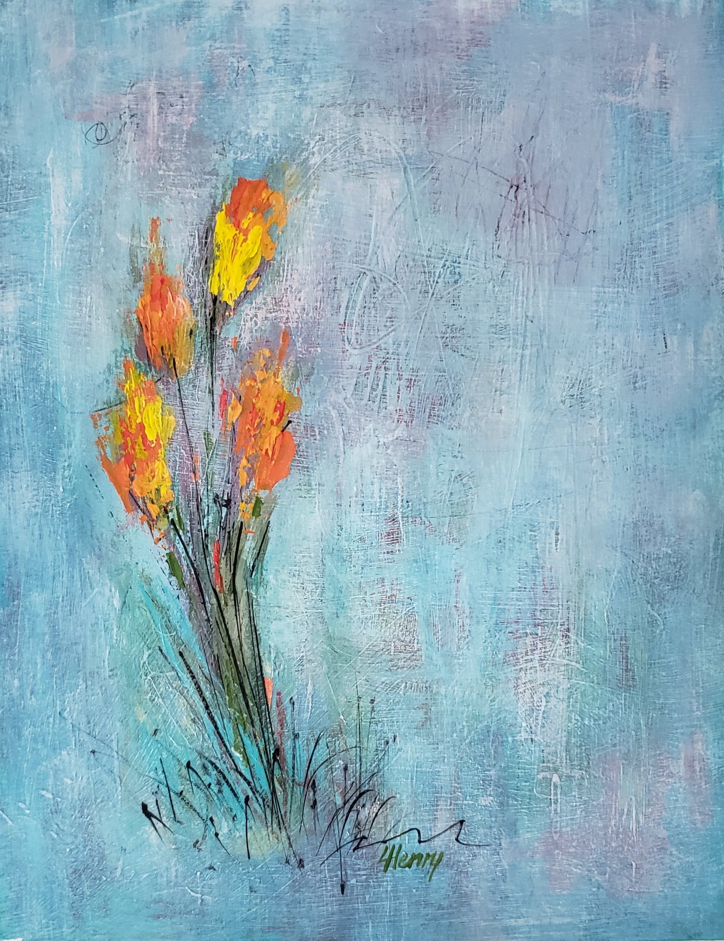 Painting of four yellow & orange tulips with lots of background texture on 100 lb. Bristol paper, sealed with varnish for protection.