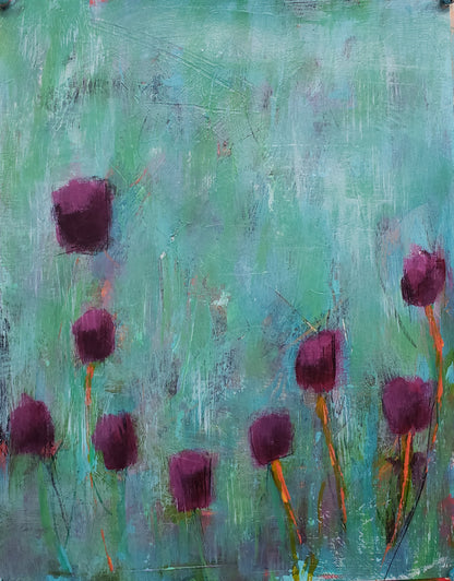 Painting of nine magenta tulips with lots of background texture on 100 lb. Bristol paper, sealed with varnish for protection.